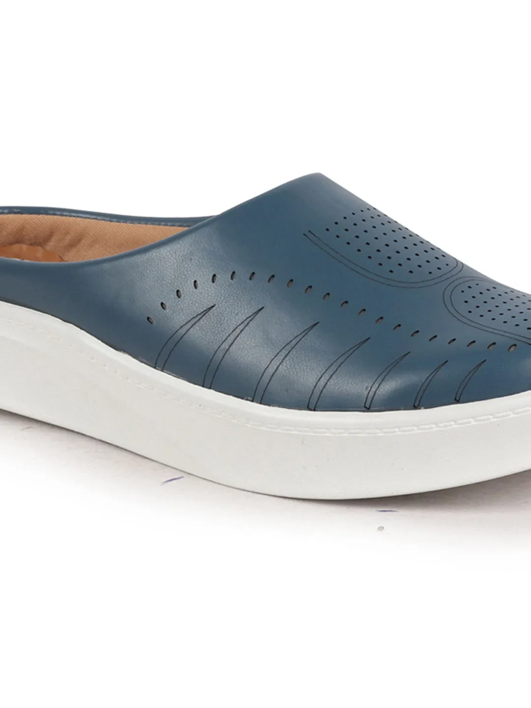 Women Blue Perforated Laser Cut Classic Back Open Slip On Mules Shoes|Work|Casual|Loafer Shoes|Comfort