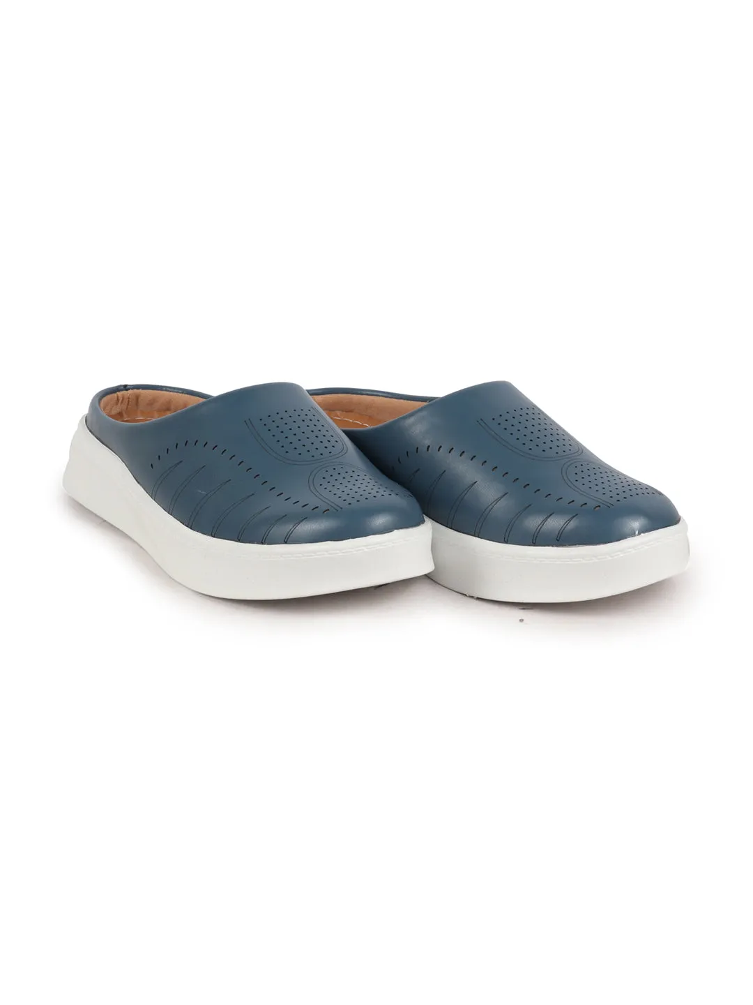 Women Blue Perforated Laser Cut Classic Back Open Slip On Mules Shoes|Work|Casual|Loafer Shoes|Comfort