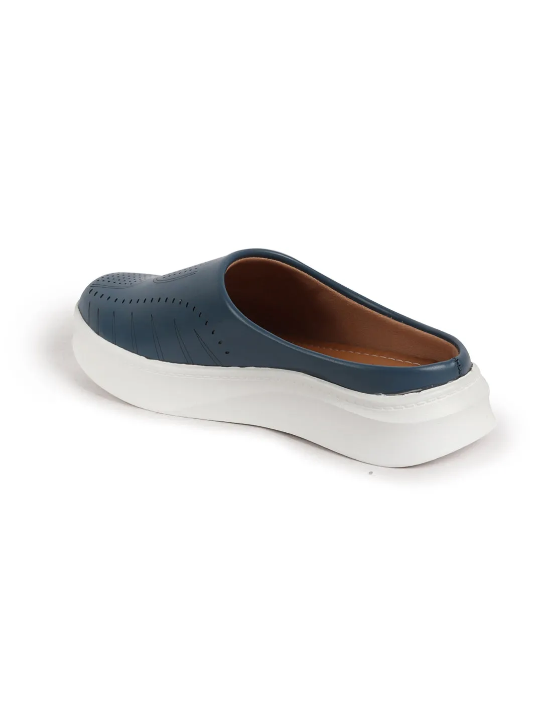 Women Blue Perforated Laser Cut Classic Back Open Slip On Mules Shoes|Work|Casual|Loafer Shoes|Comfort