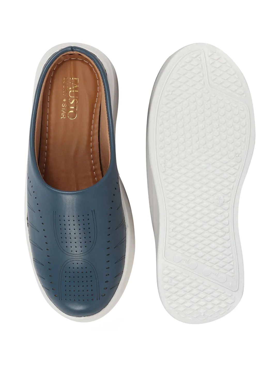 Women Blue Perforated Laser Cut Classic Back Open Slip On Mules Shoes|Work|Casual|Loafer Shoes|Comfort