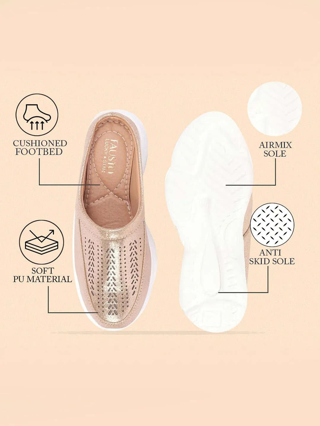 Women Golden Laser Cut Design Stitched Back Open Slip On Mules Shoes