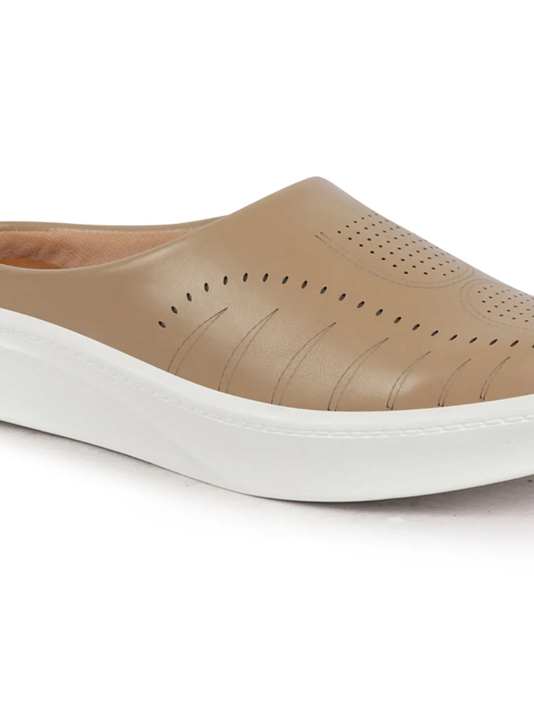 Women Golden Perforated Laser Cut Classic Back Open Slip On Mules Shoes|Work|Casual|Loafer Shoes|Comfort