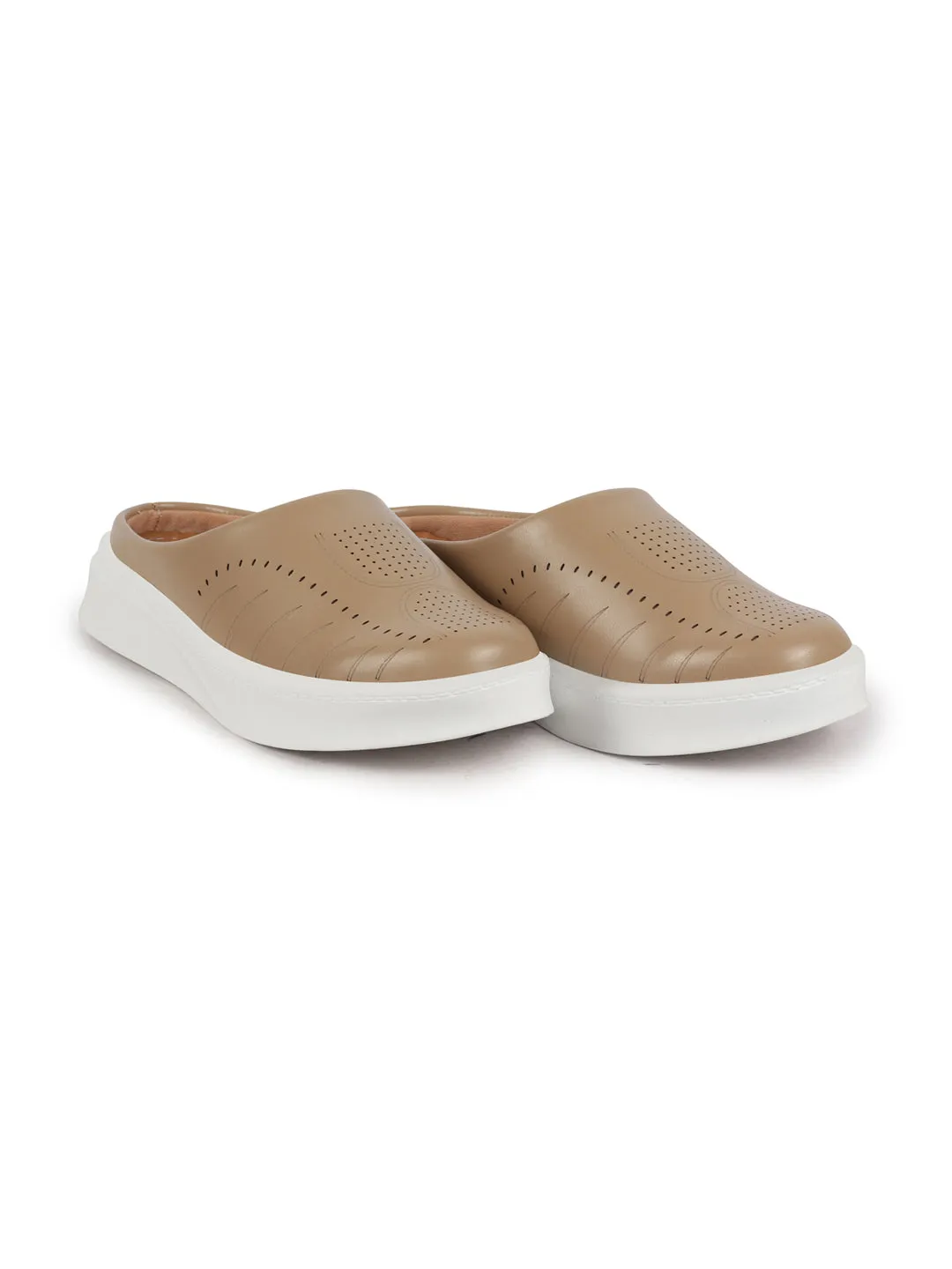 Women Golden Perforated Laser Cut Classic Back Open Slip On Mules Shoes|Work|Casual|Loafer Shoes|Comfort