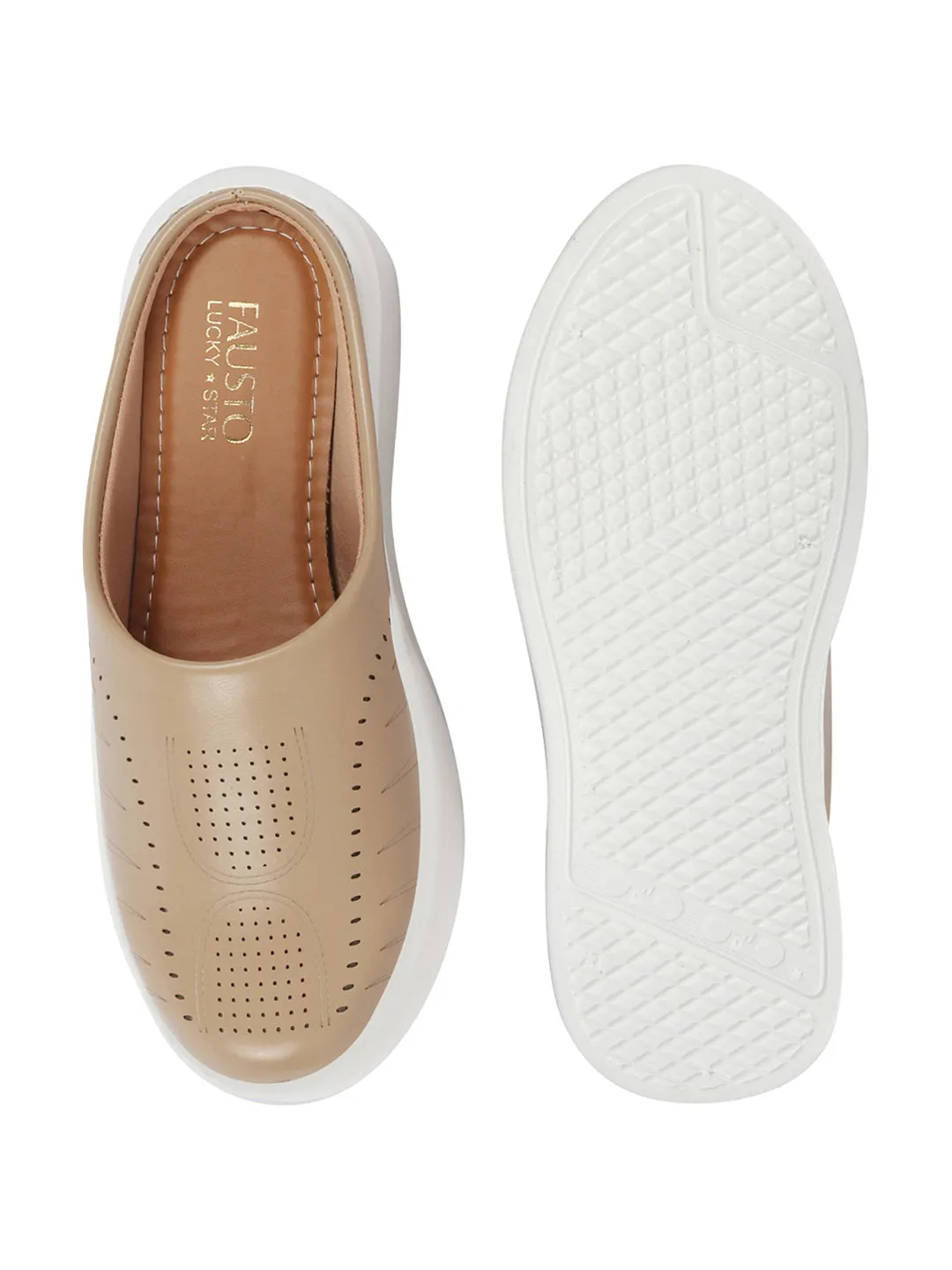 Women Golden Perforated Laser Cut Classic Back Open Slip On Mules Shoes|Work|Casual|Loafer Shoes|Comfort