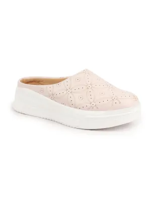 Women Lavender Laser Cut Back Open Platform Heel Slip On Mules Casual Shoes