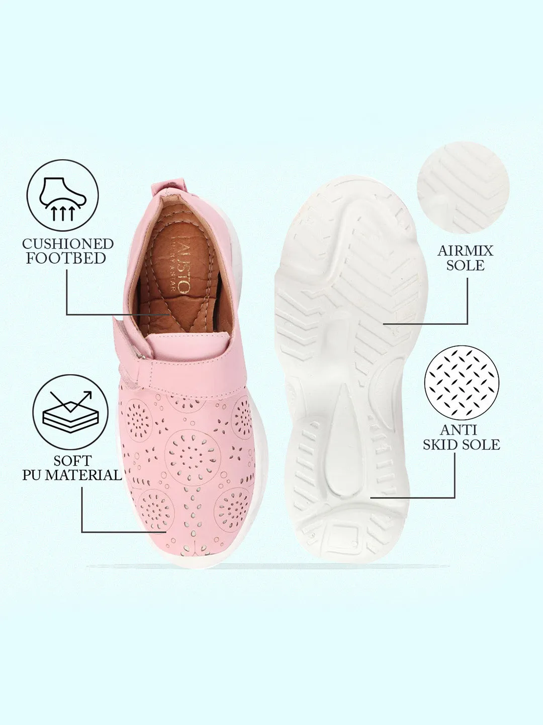 Women Pink Laser Cut Design Stitched Back Open Hook & Loop Buckle Mules Shoes