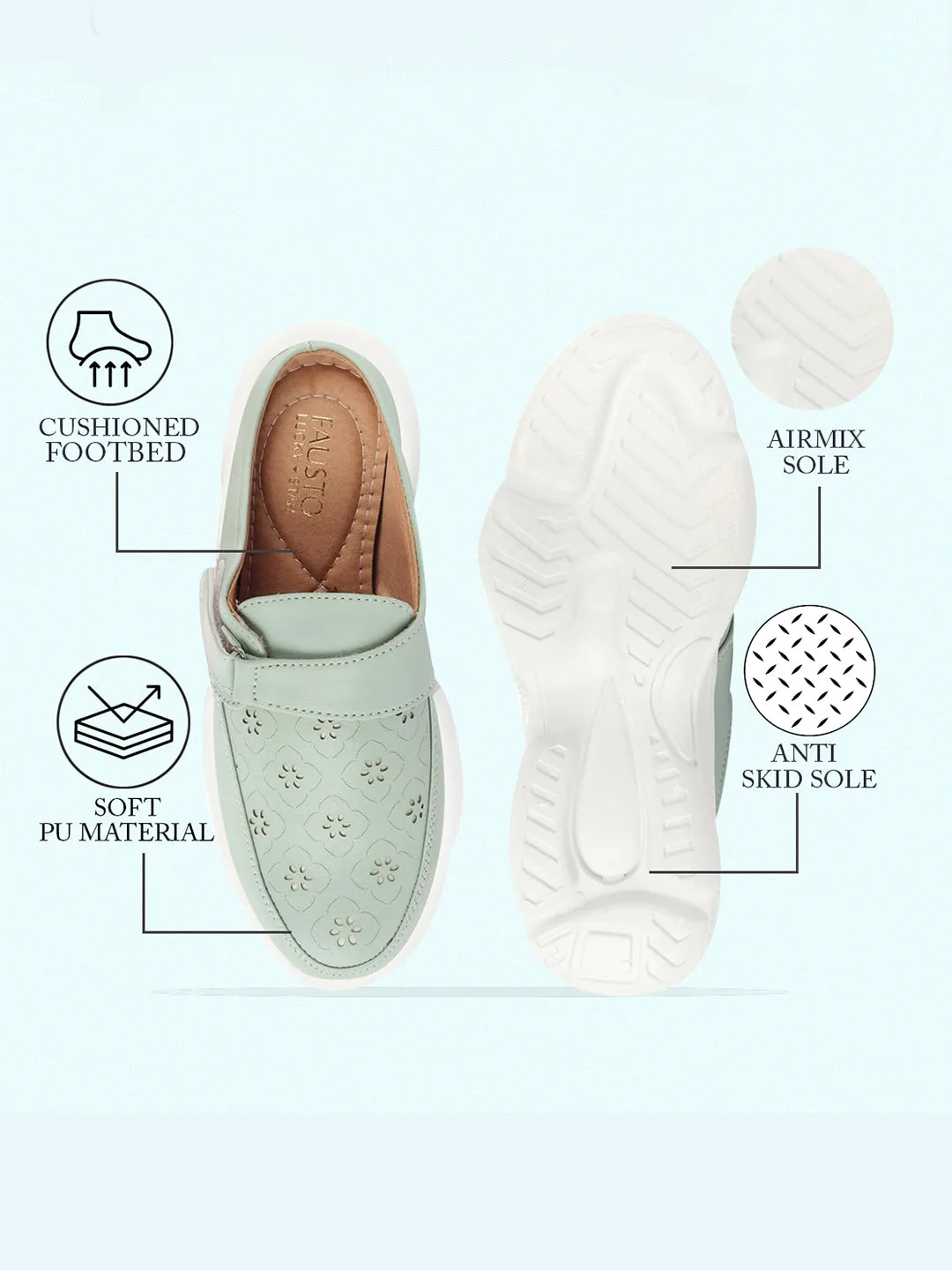 Women Pista Green Laser Cut Floral Design Hook and Loop Back Open Slip On Mules Shoes