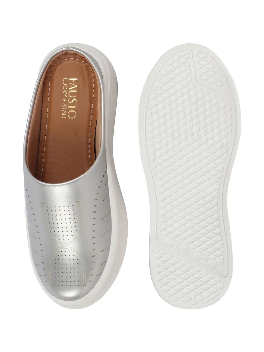 Women Silver Perforated Laser Cut Classic Back Open Slip On Mules Shoes|Work|Casual|Loafer Shoes|Comfort