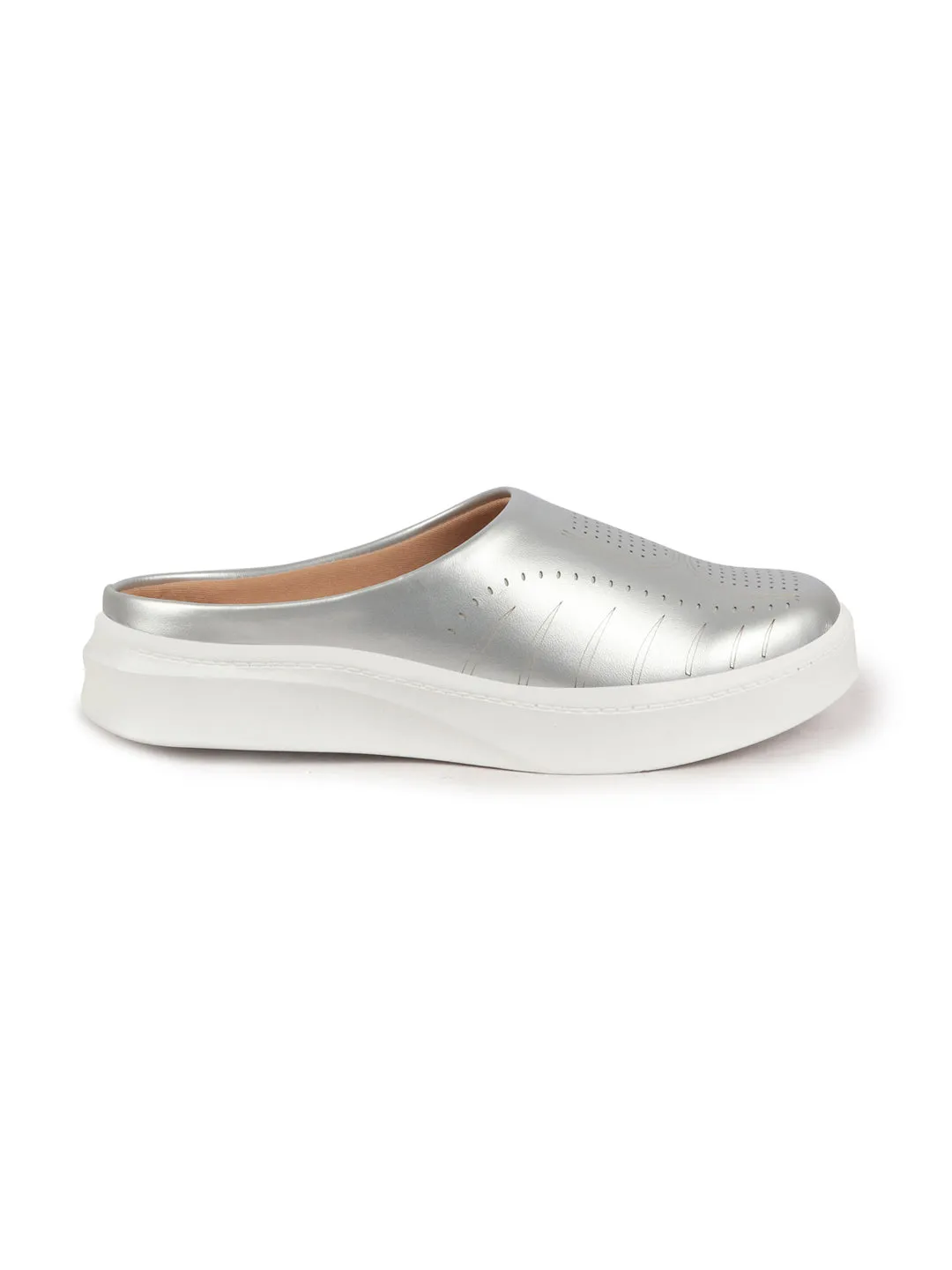 Women Silver Perforated Laser Cut Classic Back Open Slip On Mules Shoes|Work|Casual|Loafer Shoes|Comfort