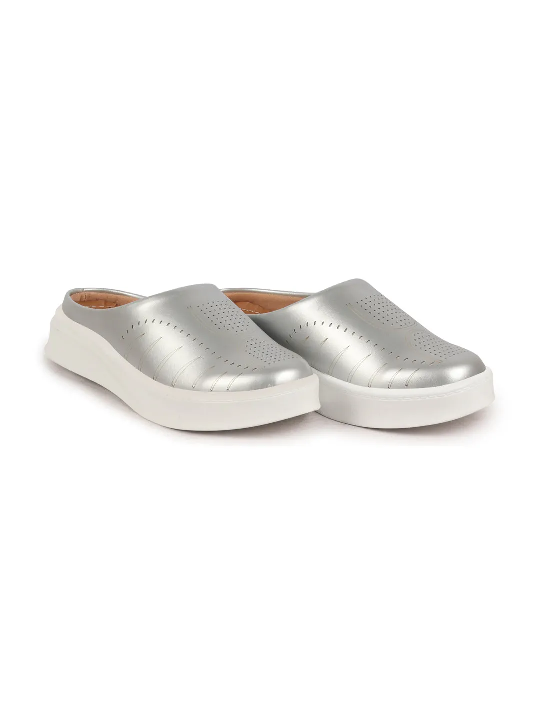 Women Silver Perforated Laser Cut Classic Back Open Slip On Mules Shoes|Work|Casual|Loafer Shoes|Comfort