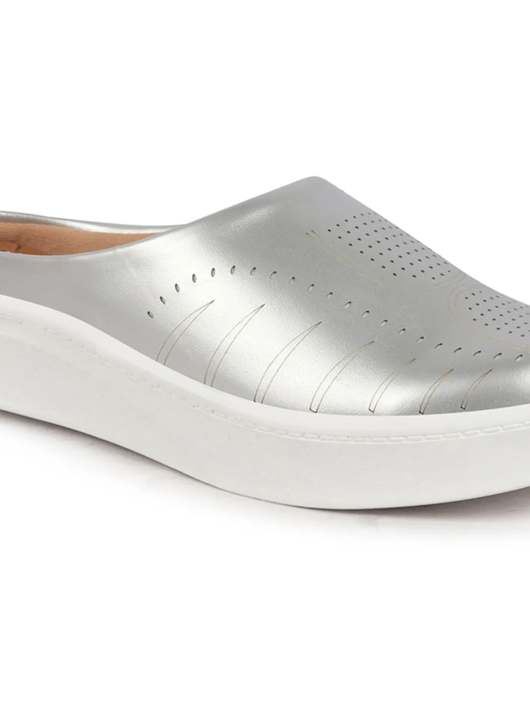 Women Silver Perforated Laser Cut Classic Back Open Slip On Mules Shoes|Work|Casual|Loafer Shoes|Comfort