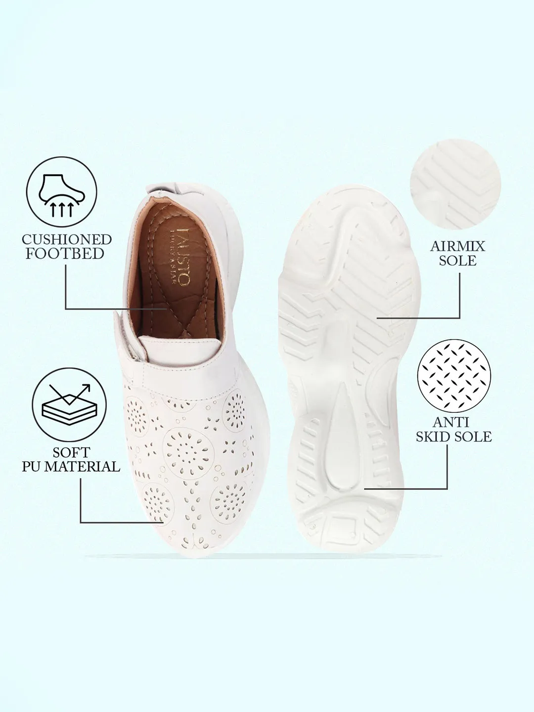 Women White Laser Cut Design Stitched Back Open Hook & Loop Buckle Mules Shoes