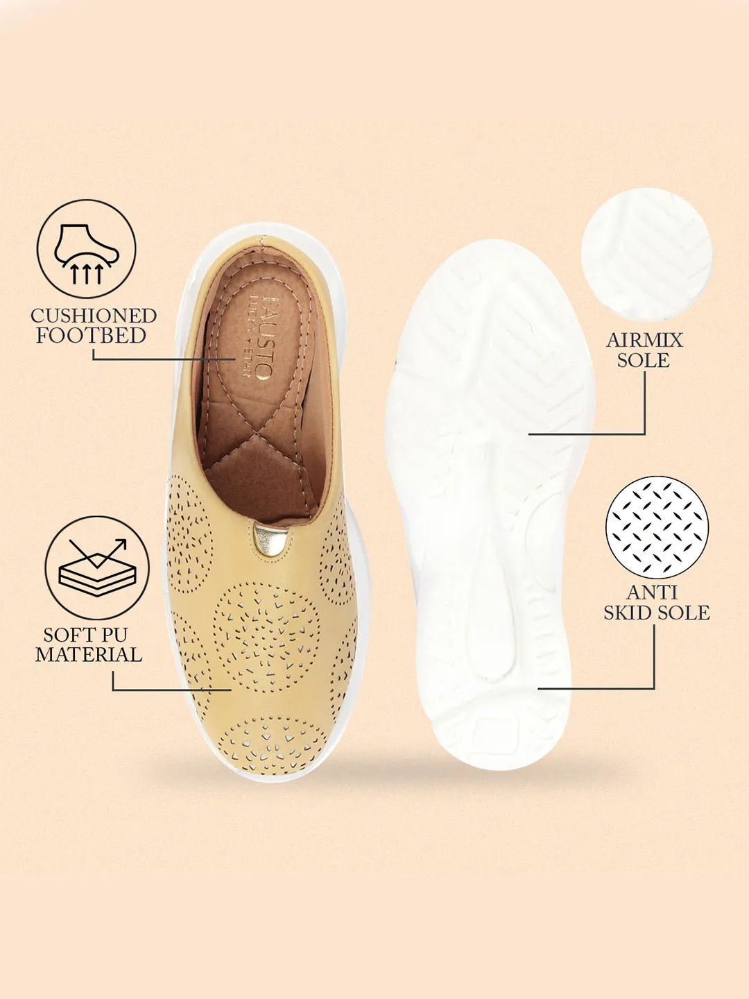 Women Yellow Laser Cut Design Back Open Slip On Mules Shoes