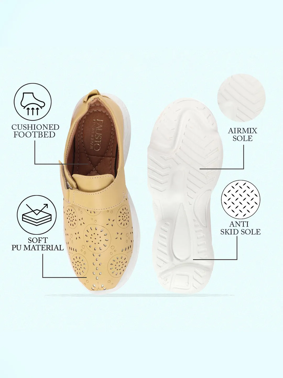 Women Yellow Laser Cut Design Stitched Back Open Hook & Loop Buckle Mules Shoes