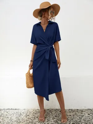 Women’s Short Sleeve Midi Dress with Lapel and Waist Tie